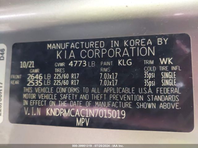 KNDPMCAC1N7015019 KIA Sportage Lx