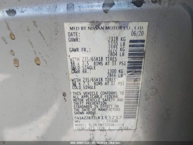 5N1AZ2BJ1LN153257 Nissan Murano Sv Fwd