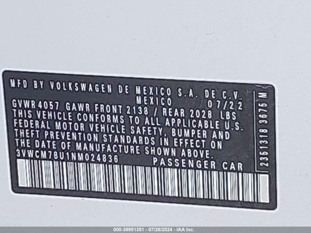 3VWCM7BU1NM024836 Volkswagen Jetta 1.5t S