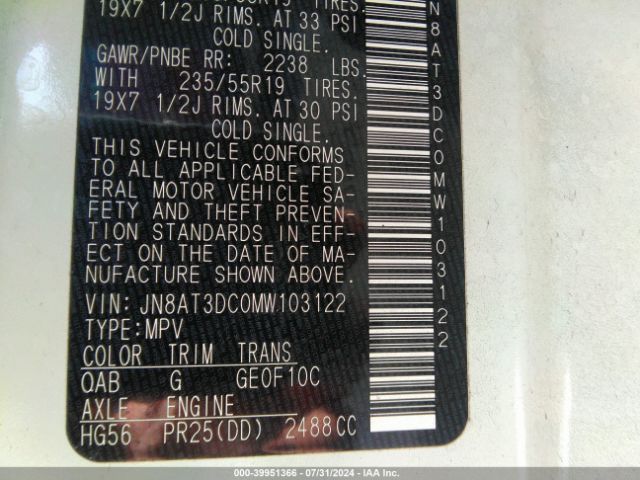 JN8AT3DC0MW103122 Nissan Rogue Platinum Fwd