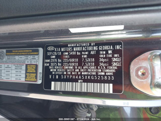 KIA Sorento 3.3l Ex 2019 5XYPH4A5XKG525833 Image 9