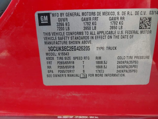 Chevrolet Silverado 1500 1lz 2014 3GCUKSEC2EG426205 Image 9