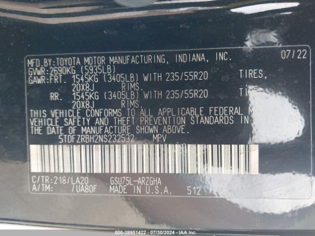 5TDFZRBH2NS232532 Toyota Highlander Limited