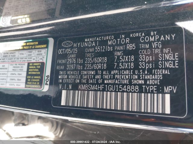 KM8SM4HF1GU154888 Hyundai Santa Fe Se