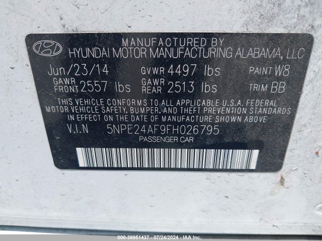 Hyundai SONATA SE 2015 5NPE24AF9FH026795 Image 9