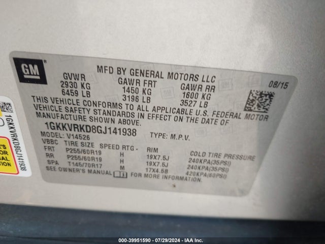 1GKKVRKD8GJ141938 GMC Acadia Slt-1