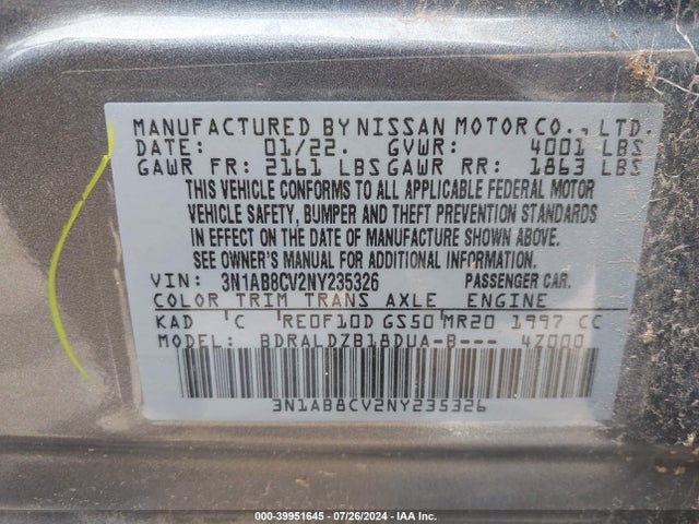 Aukcja sprzedaży 2022 Nissan Sentra Sv Xtronic Cvt, vin: 3N1AB8CV2NY235326, numer aukcji: 39951645