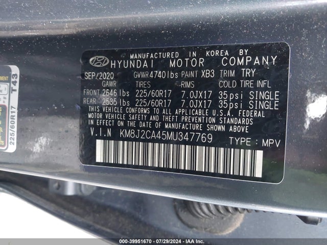 Продаж на аукціоні авто 2021 Hyundai Tucson Se, vin: KM8J2CA45MU347769, номер лоту: 39951670