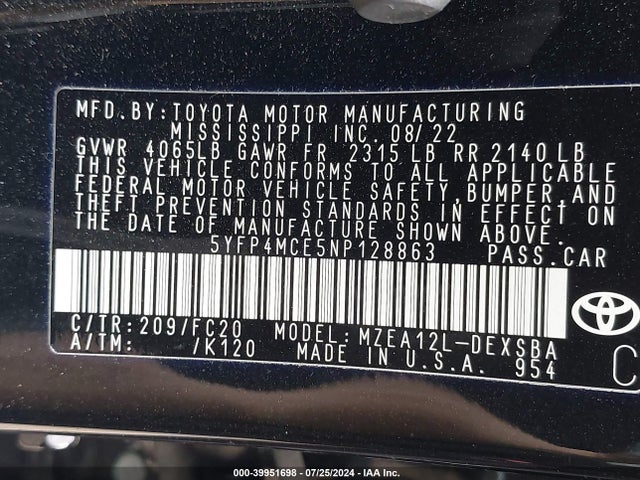 Toyota COROLLA SE 2022 5YFP4MCE5NP128863 Image 9