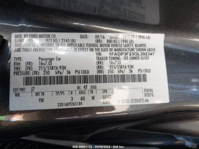 1FADP3F23GL392347 Ford FOCUS SE
