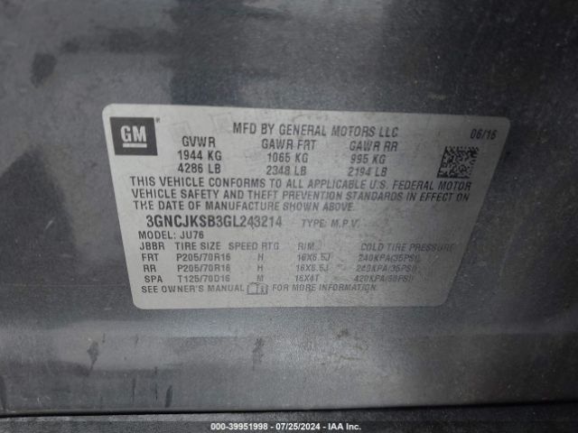 3GNCJKSB3GL243214 Chevrolet Trax 1ls