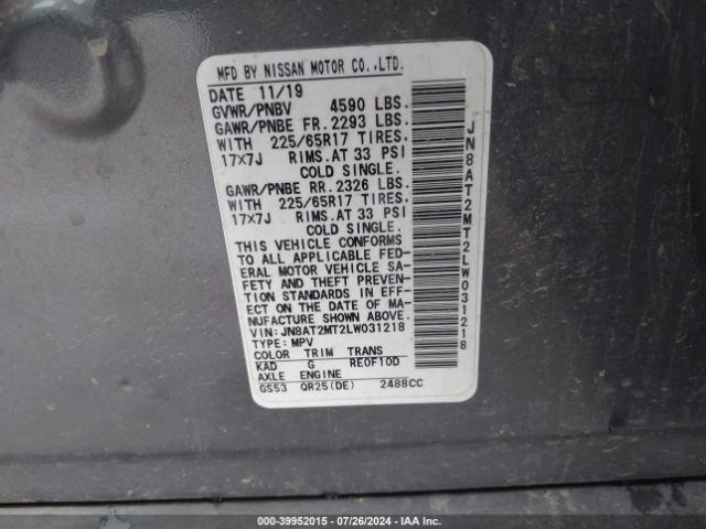 JN8AT2MT2LW031218 Nissan Rogue S Fwd