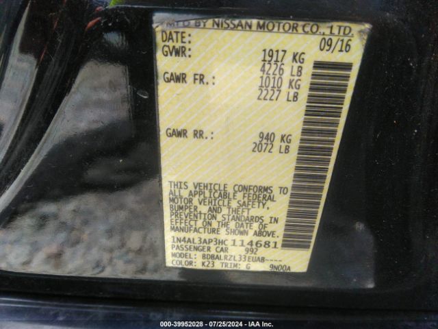 1N4AL3AP3HC114681 Nissan Altima 2.5/2.5 S/2.5 Sl/2.5 Sr/2.5 Sv