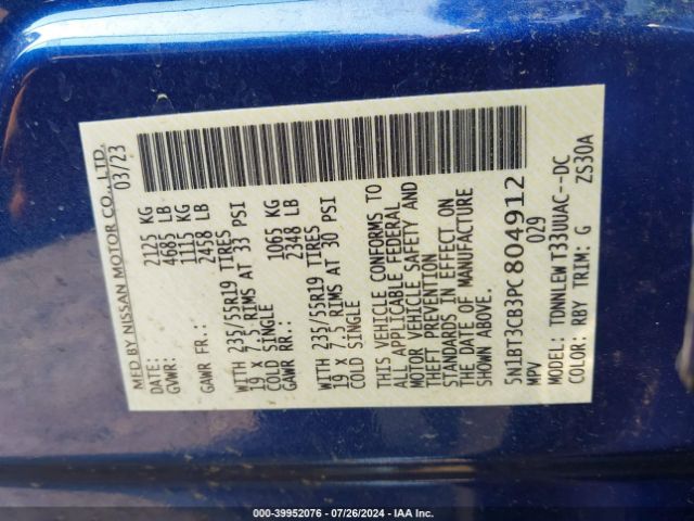 5N1BT3CB3PC804912 Nissan Rogue Sl Intelligent Awd