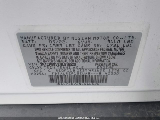 3N1CP5BV2NL516520 Nissan Kicks S Xtronic Cvt