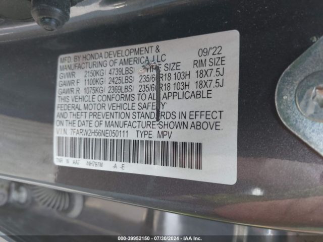 7FARW2H56NE050111 Honda Cr-v Awd Ex