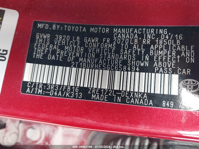 2T1BURHE5GC658494 Toyota COROLLA LE