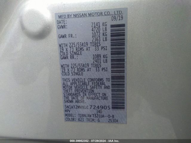5N1AT2MVXLC724905 Nissan Rogue Sl Intelligent Awd