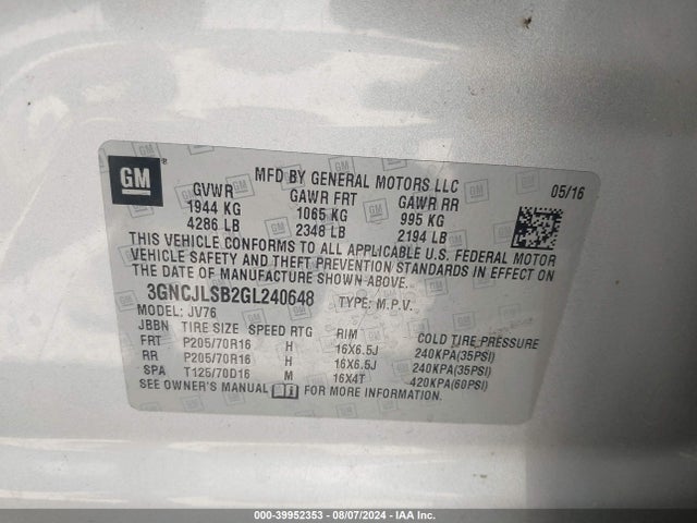 Chevrolet Trax Lt 2016 3GNCJLSB2GL240648 Image 9