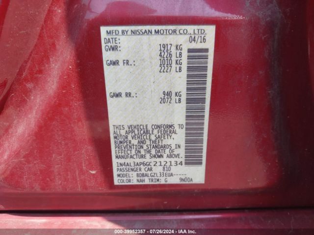 1N4AL3AP6GC212134 Nissan Altima 2.5/2.5 S/2.5 Sl/2.5 Sr/2.5 Sv