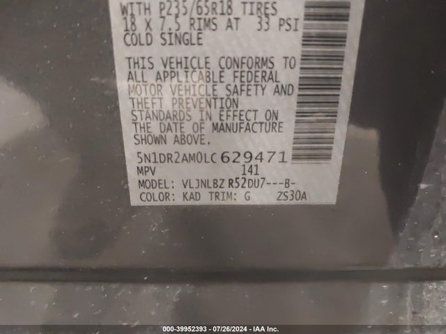5N1DR2AM0LC629471 Nissan Pathfinder S 4wd