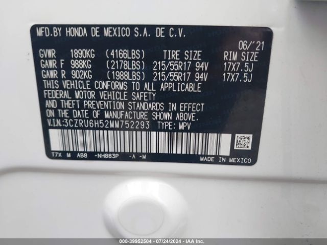 3CZRU6H52MM752293 Honda Hr-v Awd Ex