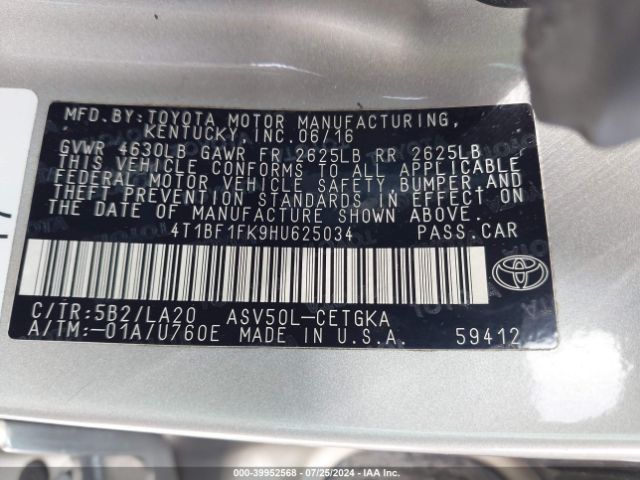 4T1BF1FK9HU625034 Toyota CAMRY XLE