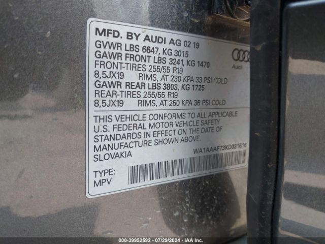 WA1AAAF73KD031616 Audi Q7 55 Premium/55 Se Premium
