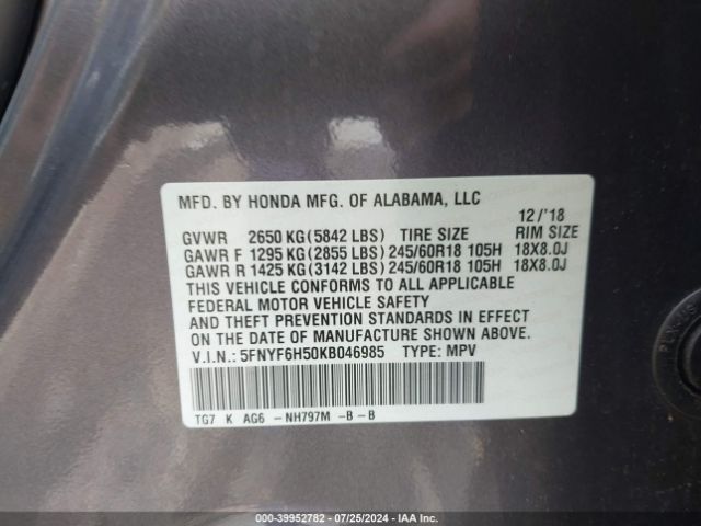 5FNYF6H50KB046985 Honda Pilot Ex-l