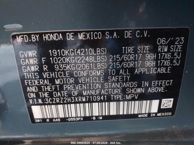 3CZRZ2H3XRM710941 Honda Hr-v Awd Lx