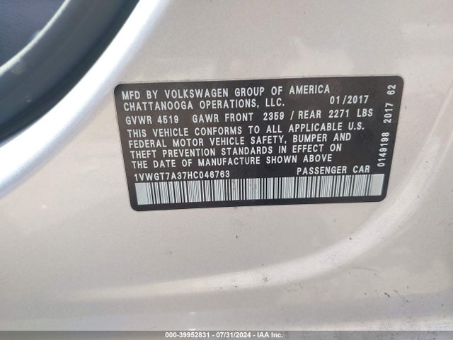 1VWGT7A37HC046763 Volkswagen Passat 1.8t Se