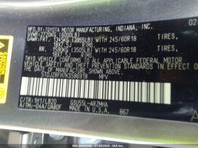 5TDJZRFH7KS586918 Toyota Highlander Xle