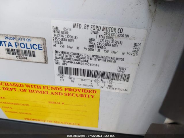 1FM5K8AR9EGC60614 Ford Utility Police Interceptor