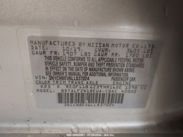 3N1CN8EV6LL837024 Nissan Versa Sv Xtronic Cvt