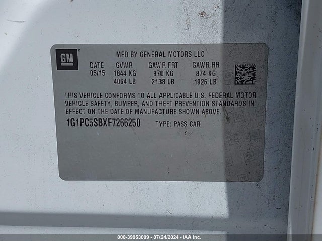 Продажа на аукционе авто 2015 Chevrolet Cruze 1lt Auto, vin: 1G1PC5SBXF7266250, номер лота: 39953099