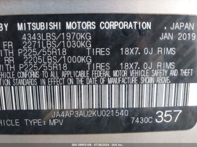 JA4AP3AU2KU021540 Mitsubishi Outlander Sport 2.0 Le