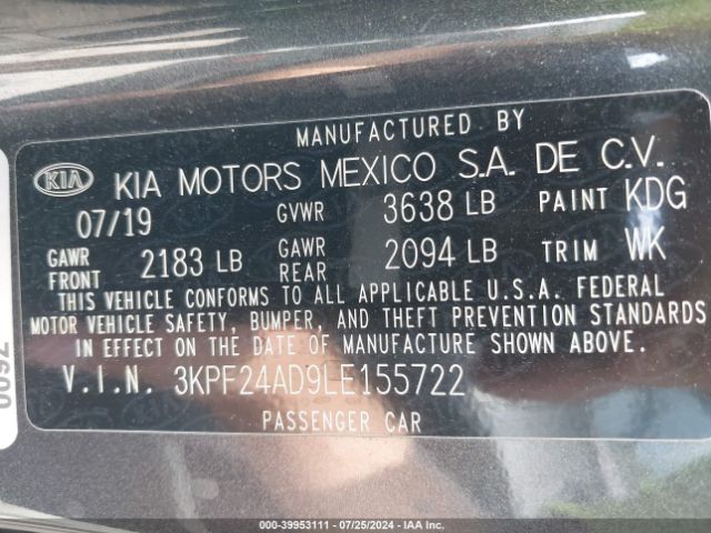 3KPF24AD9LE155722 KIA FORTE FE