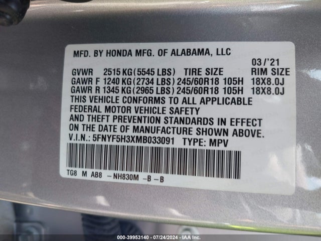 Honda Pilot 2wd Ex 2021 5FNYF5H3XMB033091 Image 9