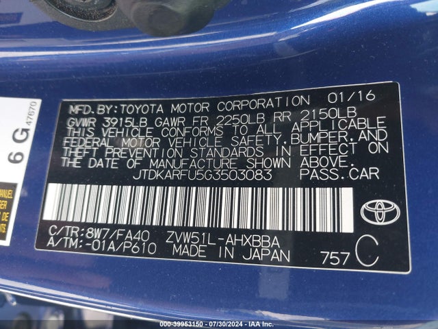 Toyota Prius Two Eco 2016 JTDKARFU5G3503083 Image 9