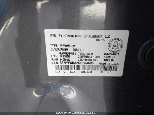 Honda Pilot Ex-l 2016 5FNYF6H82GB504608 Image 9