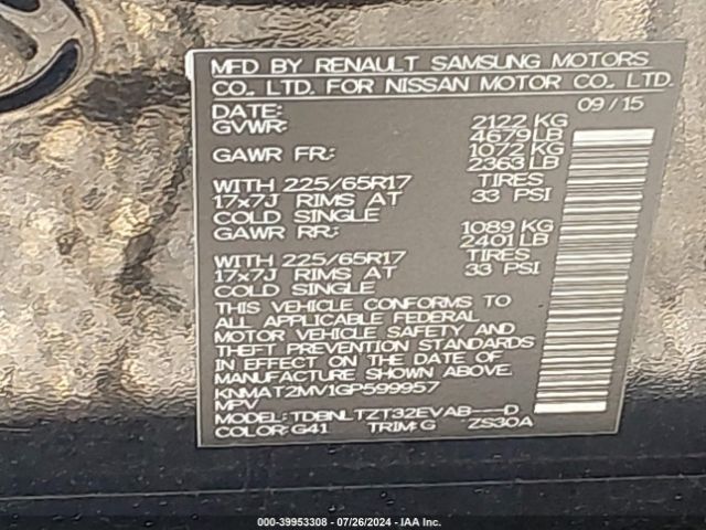 KNMAT2MV1GP599957 Nissan ROGUE SV