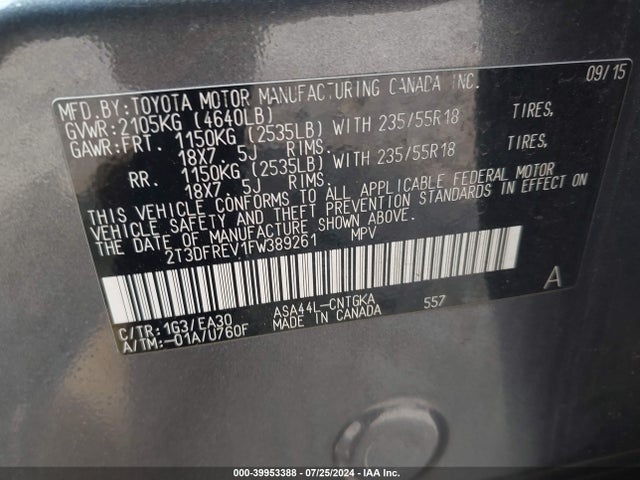 Toyota Rav4 Limited 2015 2T3DFREV1FW389261 Image 9