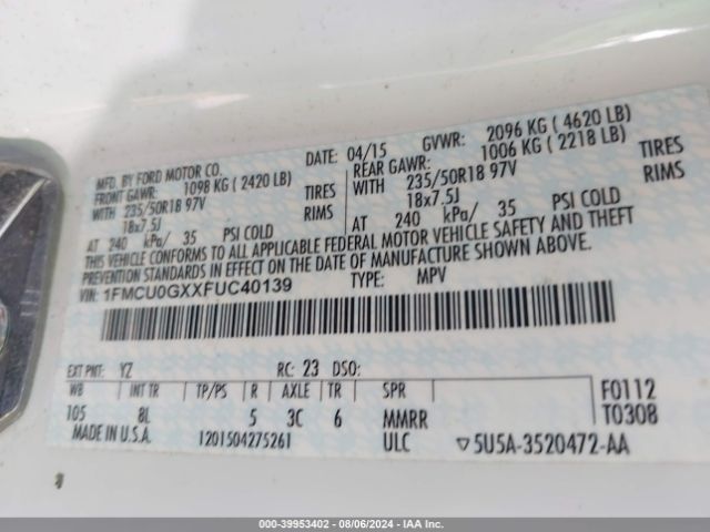 1FMCU0GXXFUC40139 Ford ESCAPE SE