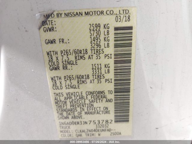 1N6AD0ER3JN753782 Nissan Frontier Sv