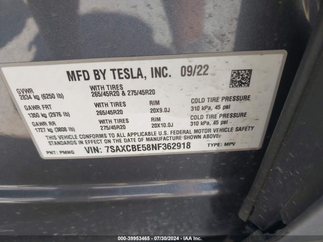 7SAXCBE58NF362918 Tesla Model X Dual Motor All-wheel Drive