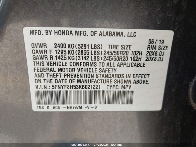 Honda Passport Ex-l 2019 5FNYF8H53KB021221 Image 9
