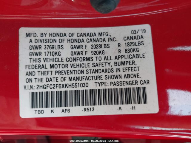 2HGFC2F6XKH551030 Honda Civic Lx