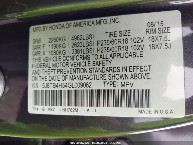 5J8TB4H54GL009082 Acura Rdx Technology   Acurawatch Plus Packages/technology Package