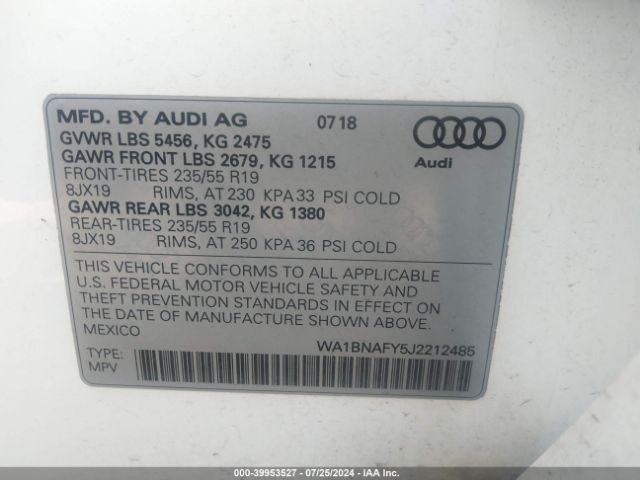 WA1BNAFY5J2212485 Audi Q5 2.0t Premium/2.0t Tech Premium