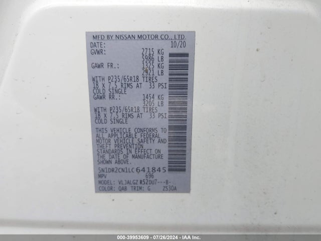 Nissan Pathfinder Sl 2wd 2020 5N1DR2CN1LC641845 Image 9